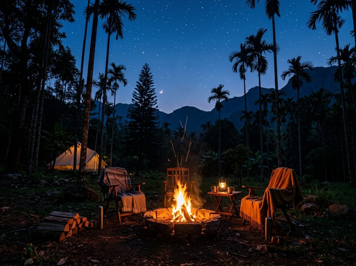 Campfire in a forest clearing at twilight